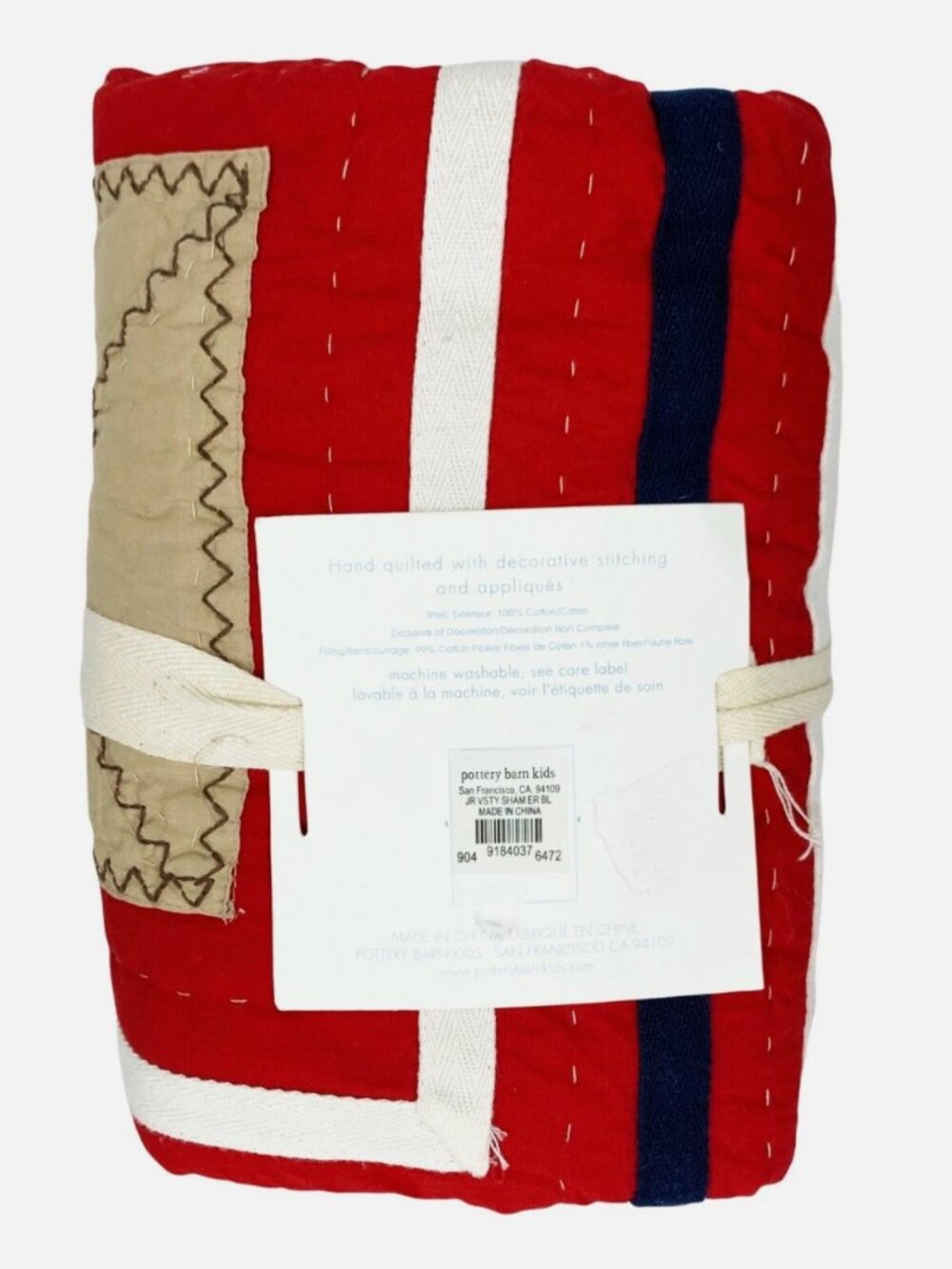 Pottery Barn Kids PBK Junior Varsity Quilted Euro Pillow Sham Red Tan White Blue - Picture 2 of 4